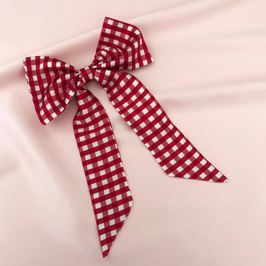 Red Gingham Print Mulberry Silk Hair Bow