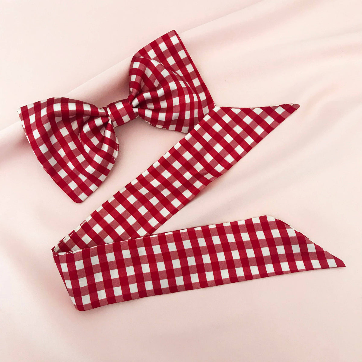 Red Gingham Print Mulberry Silk Hair Bow