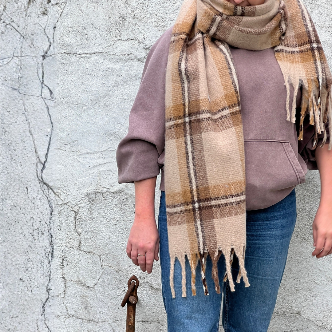 Light Brown and Chocolate Check Blanket Scarf