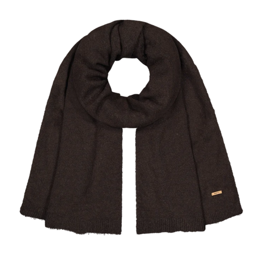 A dark brown knit scarf draped in a loop shape against a plain white background, featuring a small tan brand tag near the lower right edge.