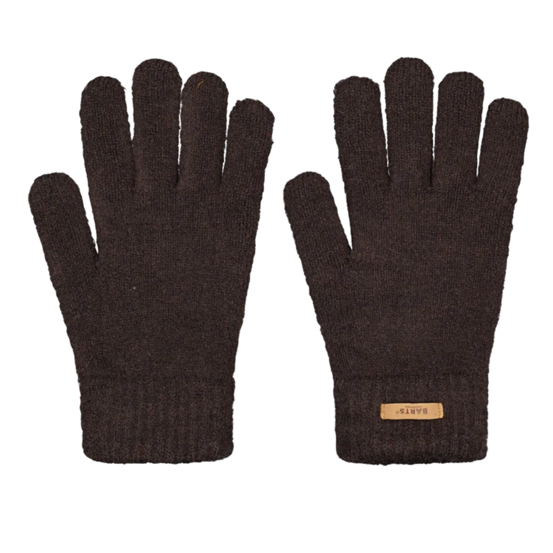 A pair of dark brown knit gloves shown flat against a white background, with a small tan brand label on the cuff of the right glove.