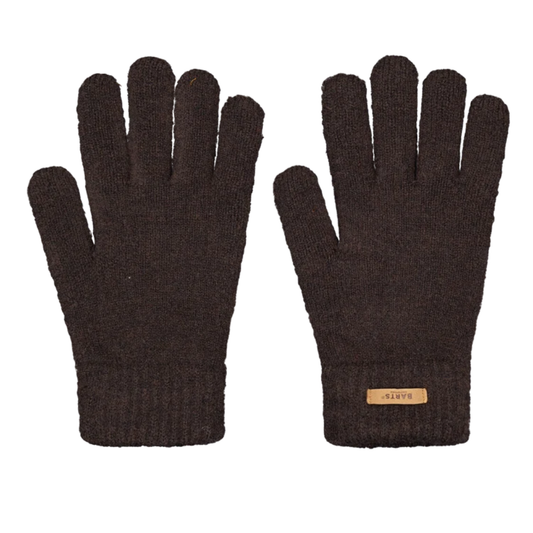 A pair of dark brown knit gloves shown flat against a white background, with a small tan brand label on the cuff of the right glove.