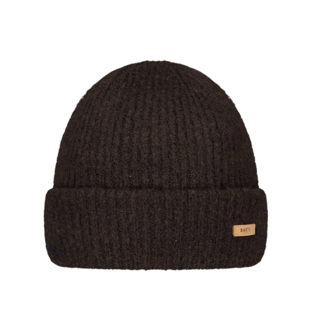 A dark brown ribbed knit beanie hat with a small tan rectangular patch on the folded cuff, photographed against a plain white background.
