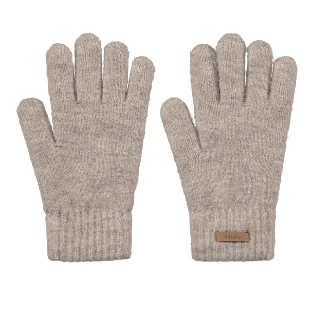 A pair of light beige knit gloves shown flat against a white background, with one glove showing the back of the hand and the other showing the palm side with a small brown brand patch on the cuff.