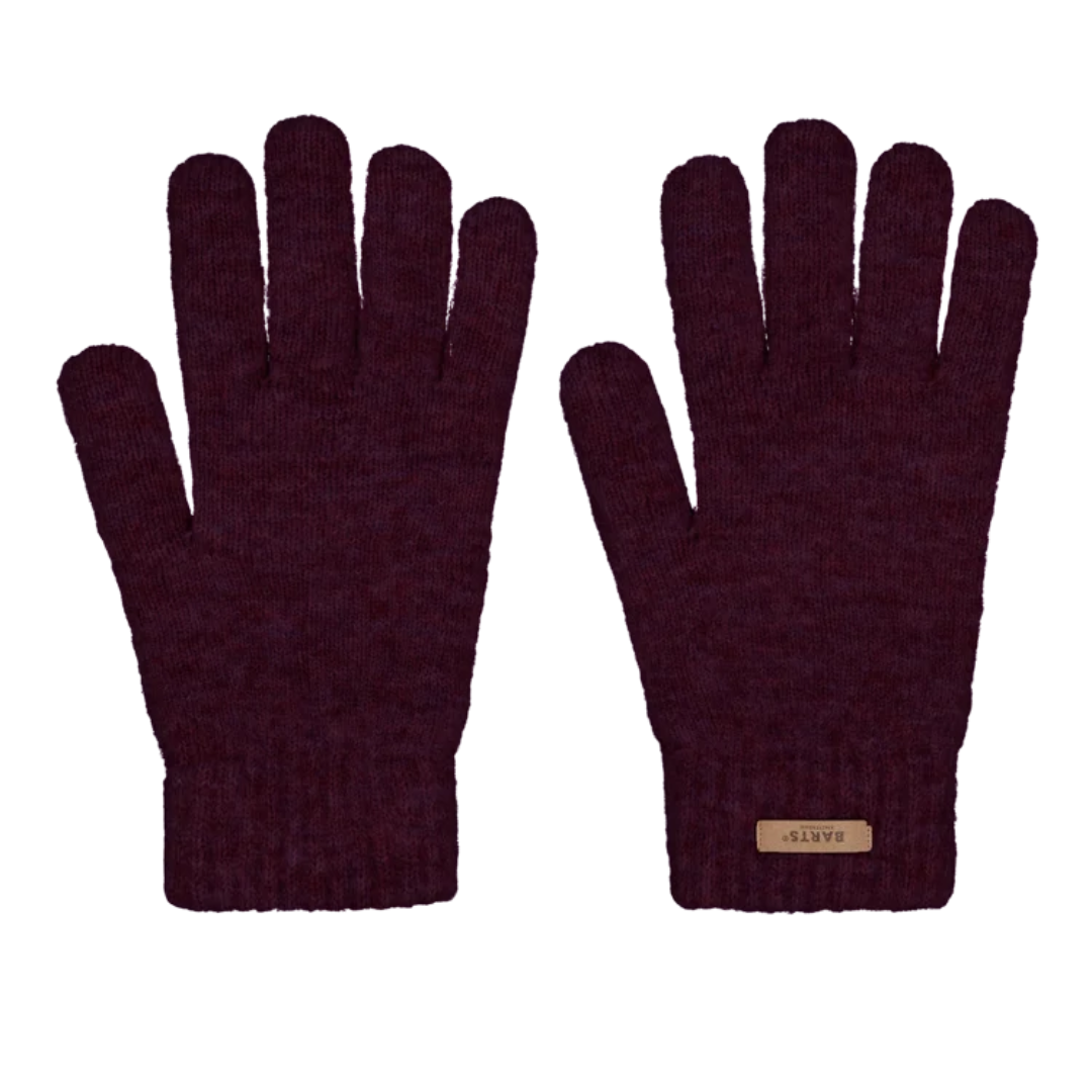 A pair of dark plum purple knit gloves shown flat against a white background, with one glove displaying the back and the other showing the palm side with a small tan brand patch.