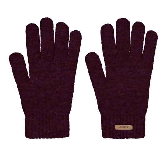 A pair of dark plum purple knit gloves shown flat against a white background, with one glove displaying the back and the other showing the palm side with a small tan brand patch.