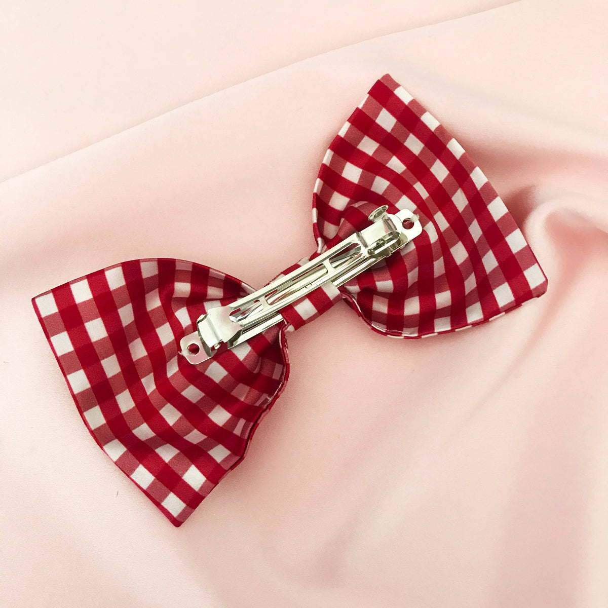Red Gingham Print Mulberry Silk Hair Bow